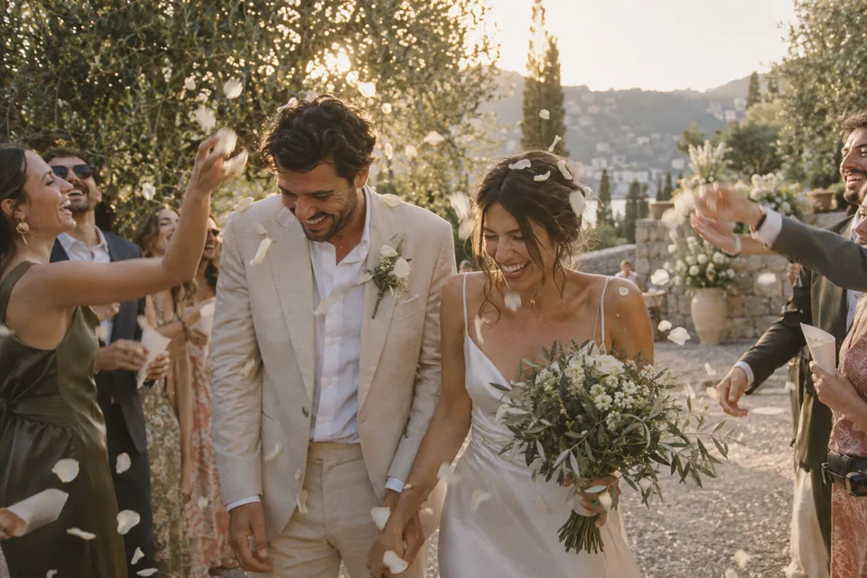 Newlyweds laughing under flower petals in a garden